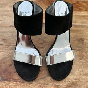 STUART WEITZMAN Myslide Black Suede & Silver Strappy Heel